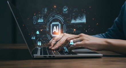 Artificial Intelligence Technology, Futuristic AI Interface, Machine Learning Innovation, AI-Powered Data Analytics, Digital Transformation in Tech.
