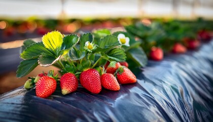 macro photography of strawberry cultivation in huelva spain ael lush red strawberries in greenhouse beds covered with black plastic for optimal growth and harvesting