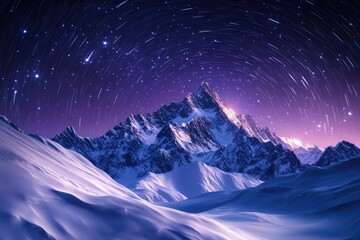 Majestic snow-capped mountains under a breathtaking night sky filled with star trails. © imagepocket pro