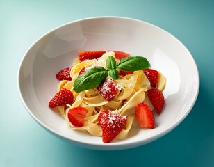 delicious pasta dish with fresh strawberries basil leaves cheese and red sauce served in a white bowl against a minimalist background for culinary photography