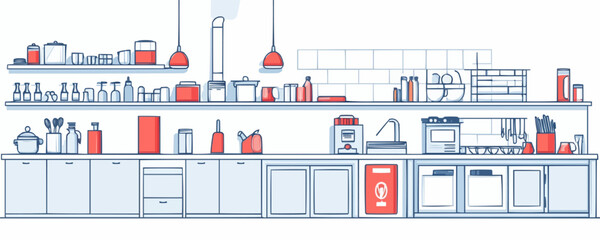 Flat linear kitchen icons set featuring modern design elements and appliances.