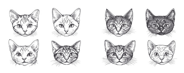 Linear icons set: detailed cat faces in flat style vector art.