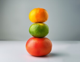 a visually appealing stack of three colorful citrus fruits against a soft gray background this image can be used for food related content nutrition articles or vibrant lifestyle promotions