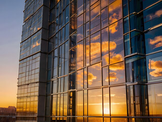 Sunset Reflections: A modern glass skyscraper reflects a vibrant sunset, showcasing the architectural design and the interplay of light and shadow.  The image evokes feelings of ambition, progress.