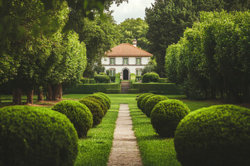 Elegant manor house surrounded by lush, manicured gardens and a tree-lined path under a cloudy sky.
