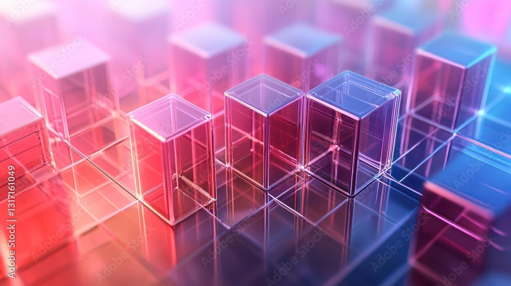 Poster abstract composition of cubes in blue and red hues on a grid background with reflective surfaces and