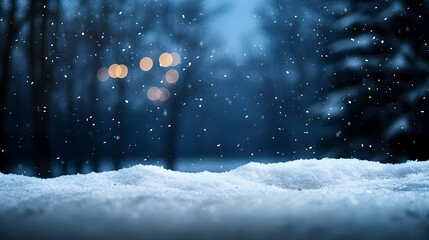 Naklejka premium Deep Winter Snow At Nightfall with Soft Snowfall and Blurred Forest in the Background
