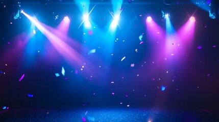 Neon spotlight stage background. Disco party projector light concert or show scene. Magic beam glow for nightclub or award winner with confetti glitter. Congratulation performance for celebrity.