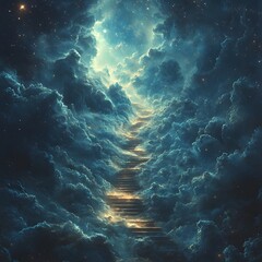 Obraz premium Ethereal Stairway to the Clouds Beneath a Starry Night Sky