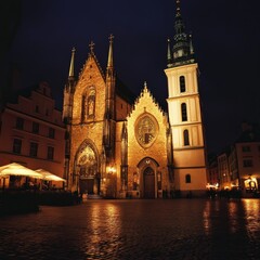 Krakow's St. Mary's Church by night.