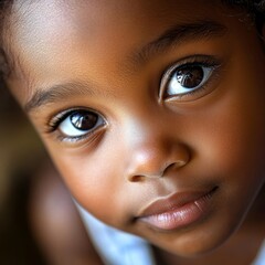African American kid's eyes meet the lens in playroom.