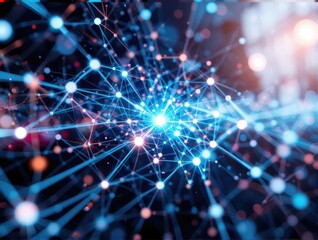Fototapeta premium Abstract Digital Network Connections with Bright Particles and Light Effects in Blue Color