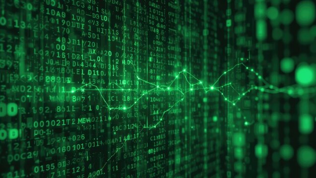 Abstract Digital Data Visualization with Green Binary Code and Oscillating Wave Patterns