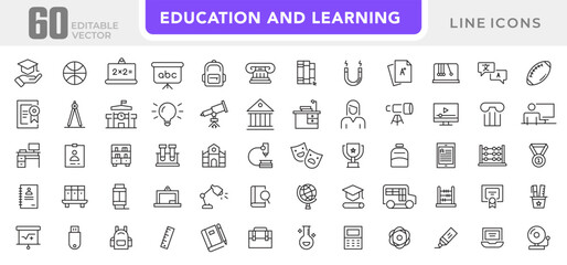 Education and Learning line icon set. E-learning, higher education, School, paper, success, sports, cap, career, online class, academic outline icon collection. UI thin outline icon pack