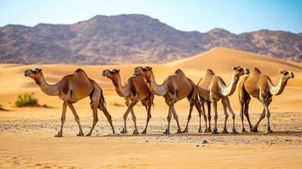 Silhouette of desert camel caravan