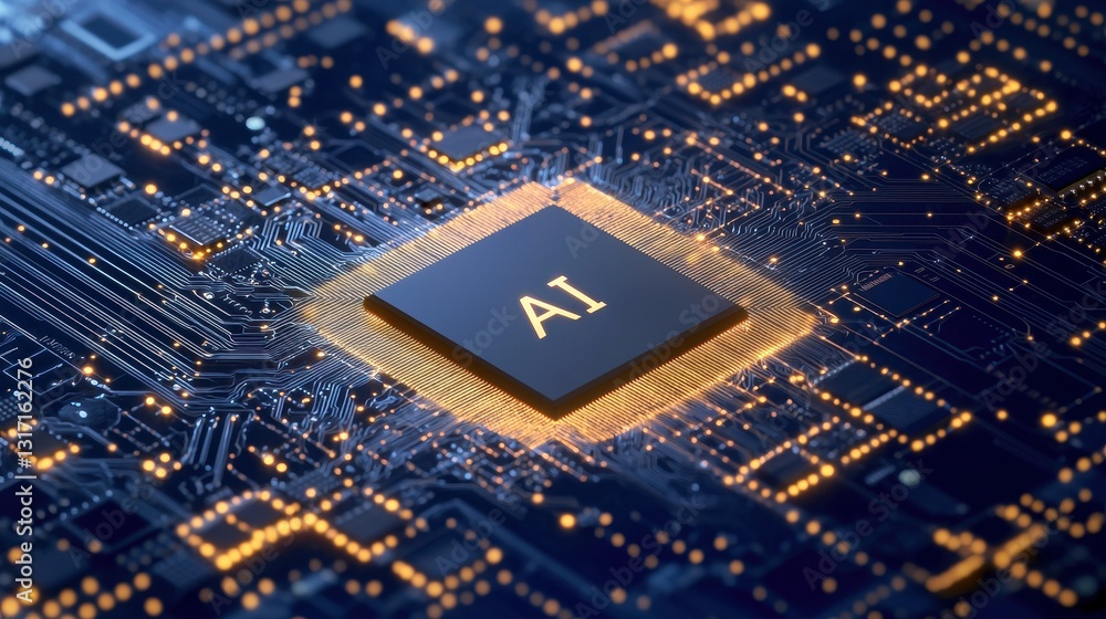Poster ai microchip surrounded by circuit board and digital connections
