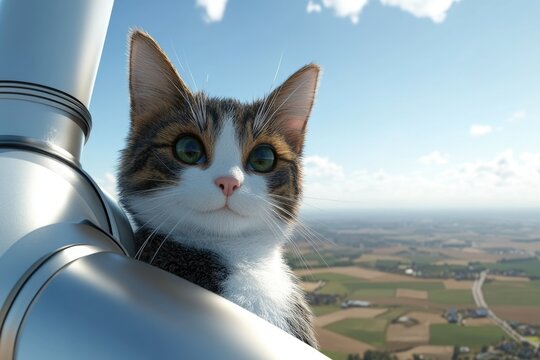 A curious calico cat gazes out from a wind turbine, enjoying a high-altitude view.