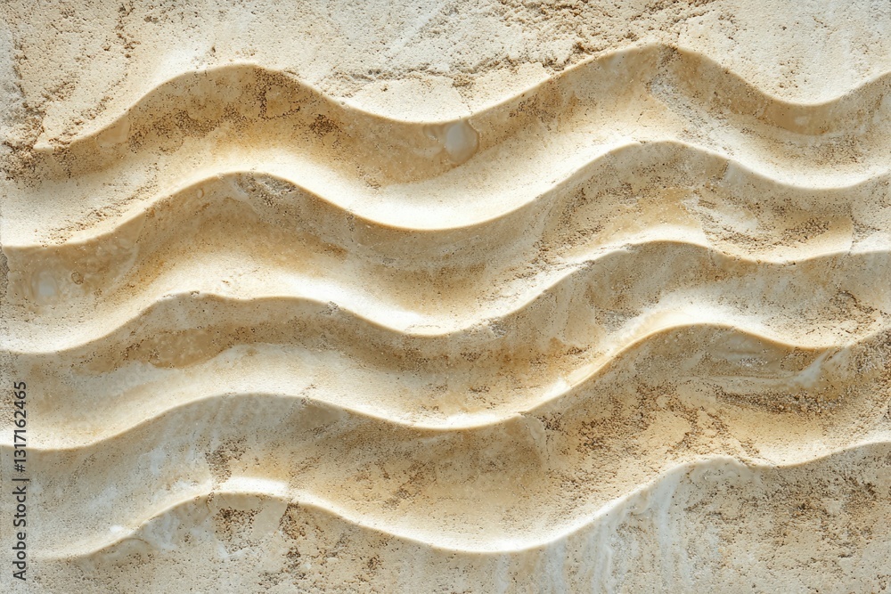 Poster beige stone wall with carved wavy patterns, creating a textured surface.