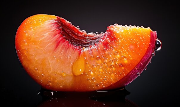 Juicy peach slice with water drops on black background for food visuals