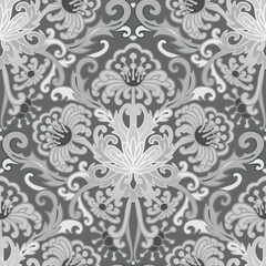 Damask style pattern, abstract flowers, grey colors. Seamless floral pattern-666.