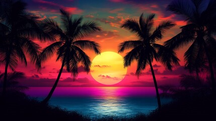 Vibrant Tropical Sunset Paradise: Silhouetted Palm Trees Against a Colorful Sky and Calm Ocean