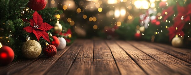 Festive Holiday Table Setting: A cozy, inviting scene perfect for holiday gatherings, featuring a rustic wooden table adorned with Christmas ornaments, lush greenery, and twinkling lights.