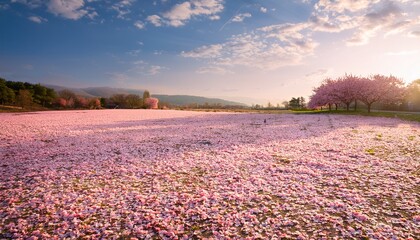 cherry blossom petals carpeting ground with delicate pink soft spring landscape
