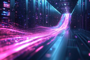 Data streams flow through a futuristic server room, illuminating the pathway with vibrant pink and blue light.