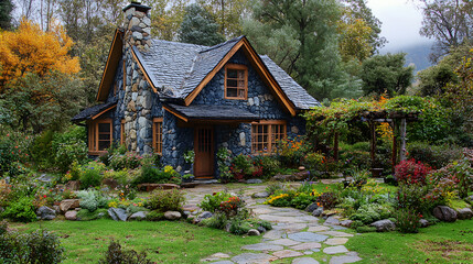 Fototapeta premium A whimsical stone cottage with a wooden roof and lush garden, reminiscent of a storybook setting