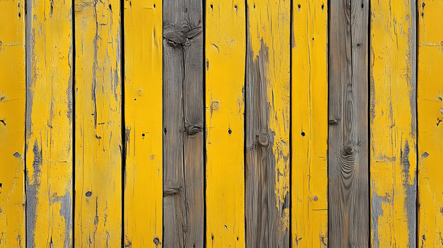A close-up of rustic wooden planks featuring alternating aged natural wood and vibrant yellow painted sections