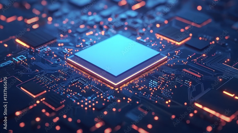 Poster digital circuit board with microchip and glowing connections