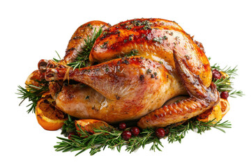 Glazed roast turkey with a rich golden texture isolated on a white background