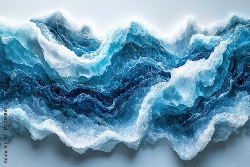 Poster abstract 3d rendering of ocean waves, showcasing dynamic textures and deep blue hues.