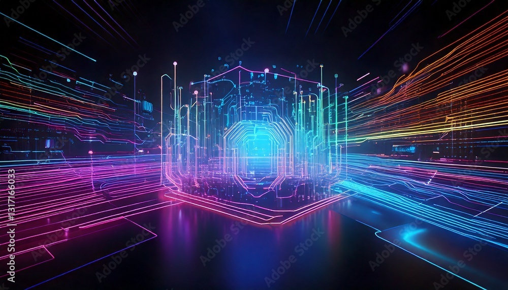 Aufkleber 3d render of a futuristic ai interface with holographic data streams, vibrant neon colors, and ample