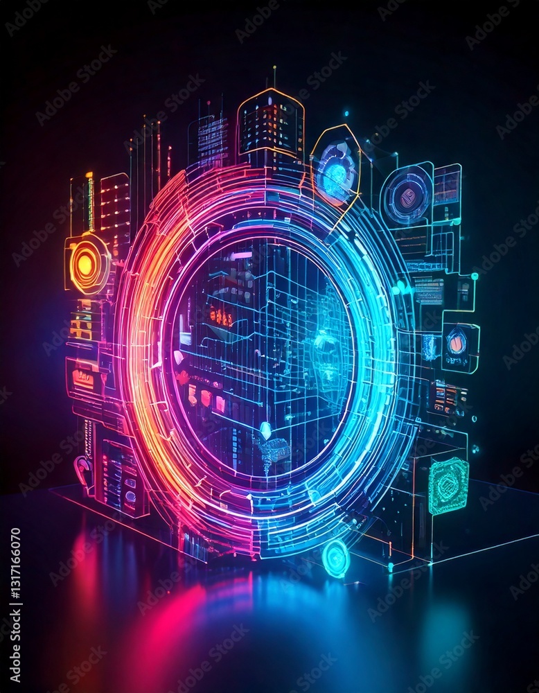 Aufkleber 3d render of a futuristic ai interface with holographic data streams, vibrant neon colors, and ample