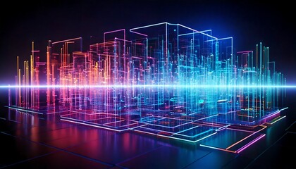 3D render of a futuristic AI interface with holographic data streams, vibrant neon colors, and ample copy space for tech-related messaging