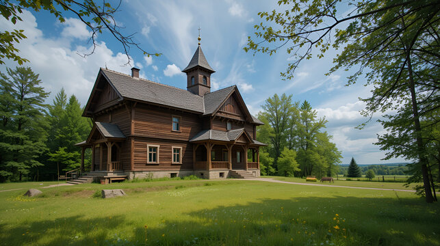 Wooden church. Wooden building on Zaporozhye Sich in Ukraine. Medieval church on island of Khortitsa in Zaporozhye