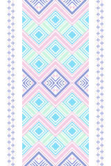 Pixel cross stitch pattern with geometric design with floral elements. Pastel colors: pink, blue, green, purple. Suitable for fabric printing. Vector style, original crafts, sweaters. Seamless pattern