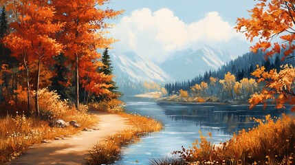 Fototapeta premium Professional Painted Autumn Landscape Art for Seasonal and Nature Designs