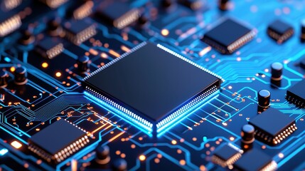 Obraz premium Close-up of Microchip and Circuit Board with Blue LED Lights Glow