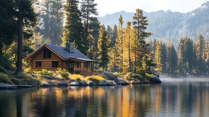 Obraz premium Secluded Log Cabin by Mountain Lake Autumn Scenery Peaceful Retreat