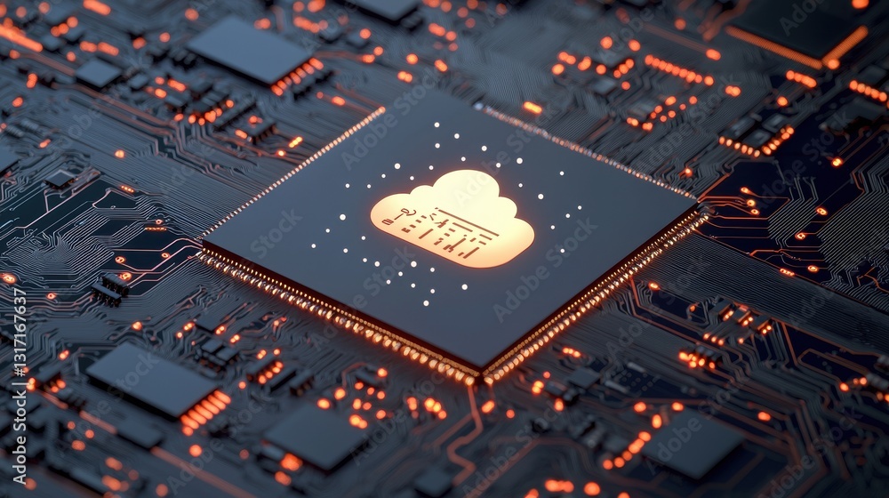 Poster digital circuit board with cloud symbol and glowing elements