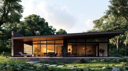 Obraz premium Modern stone house in a forest with large windows and patio.