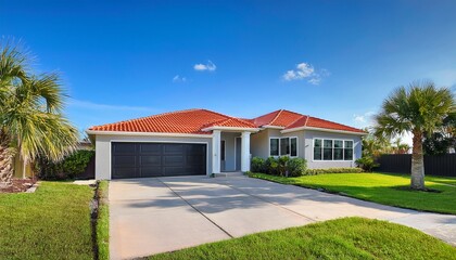 florida style house exterior modern home with red tile roof light gray walls green lawn tropical landscaping large windows black door garage seen sunny day with blue sky palm trees