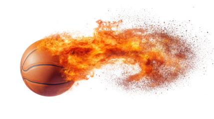 A basketball ball engulfed in bright orange and yellow flames, flying through the air, isolated on transparent background for a high-energy visual.