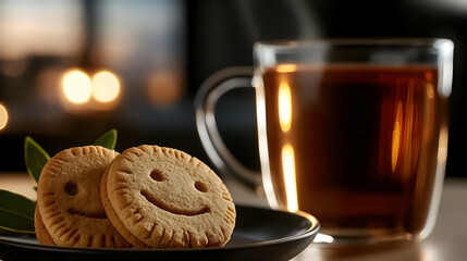 Two smiling cookies next to a glass of tea on a plate