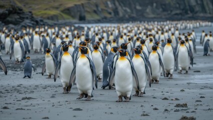 Obraz premium Large Colony of King Penguins Marching on a Beach in a Coastal Habitat with Rugged Background