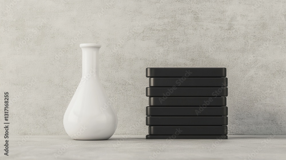 Poster minimalist studio setup with white vase and black stack of boxes
