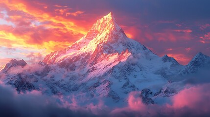 Majestic Snow Capped Mountain Peak at Sunset Dramatic Alpine Landscape Breathtaking View