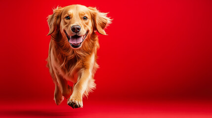 Golden retriever joyfully running in front of a vibrant red background during a sunny day in a park setting